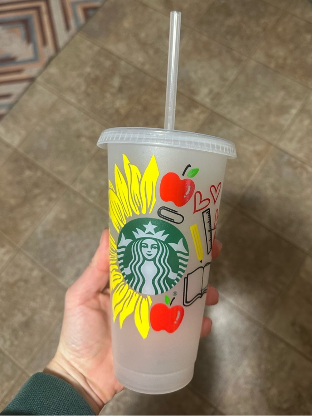 Starbucks Clear plastic Cup with teacher theme vinyl